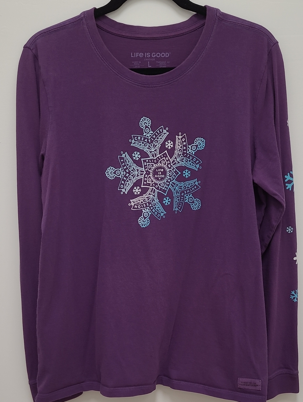 Life Is Good Purple Long-Sleeve Tee with Blue Snowflake Graphic